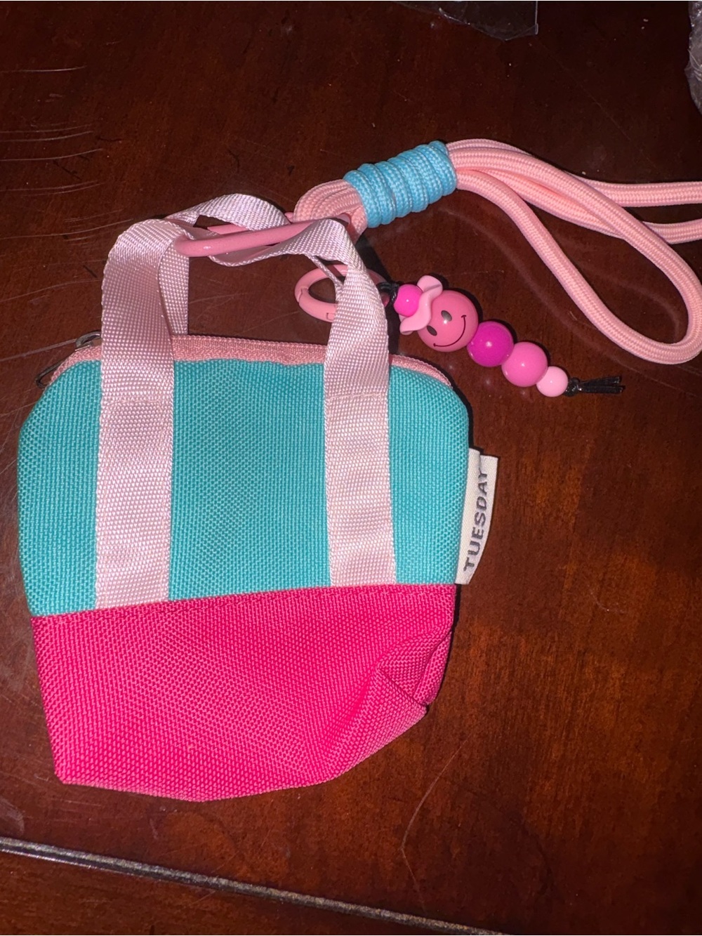 Pink & Teal Mini Tote Bag with Lanyard
